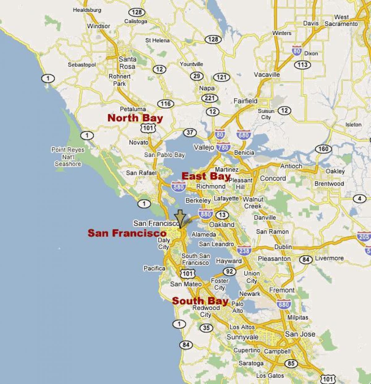карта Паўднёвай бухце Паўночнай Каліфорніі